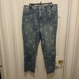 No Boundaries Blue Heart Print Cropped Jeans